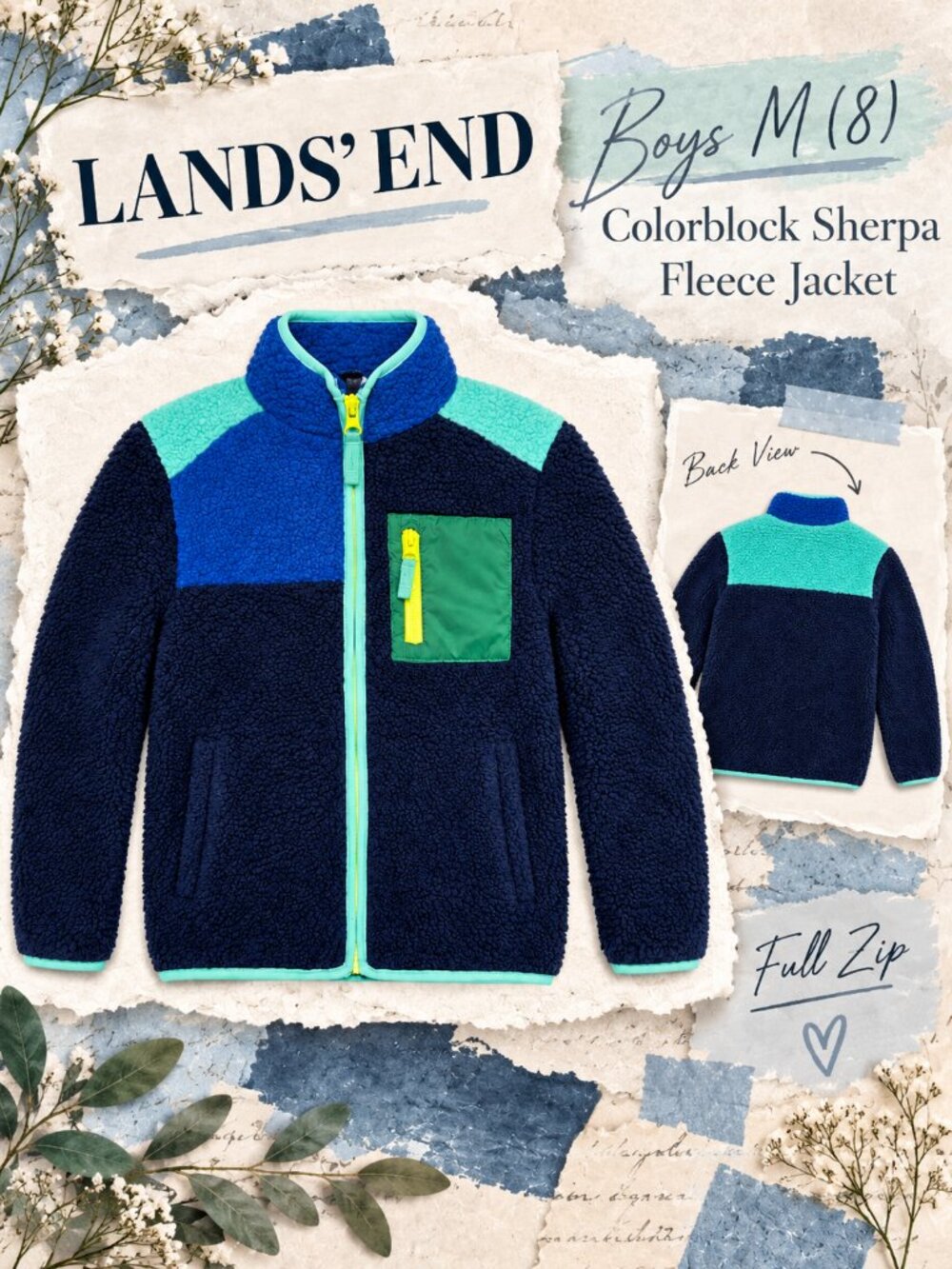 Lands’ End Boys M 8 Colorblock Sherpa Fleece Full Zip Jacket Blue Teal